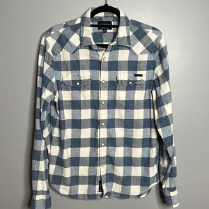 Womens blue cream plaid button front shirt shacket size med